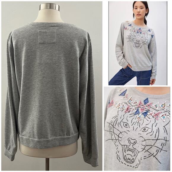 Anthropologie x Luna Mercantile Co Tiger Graphic Sweatshirt Patchwork Gray Small - Picture 2 of 9